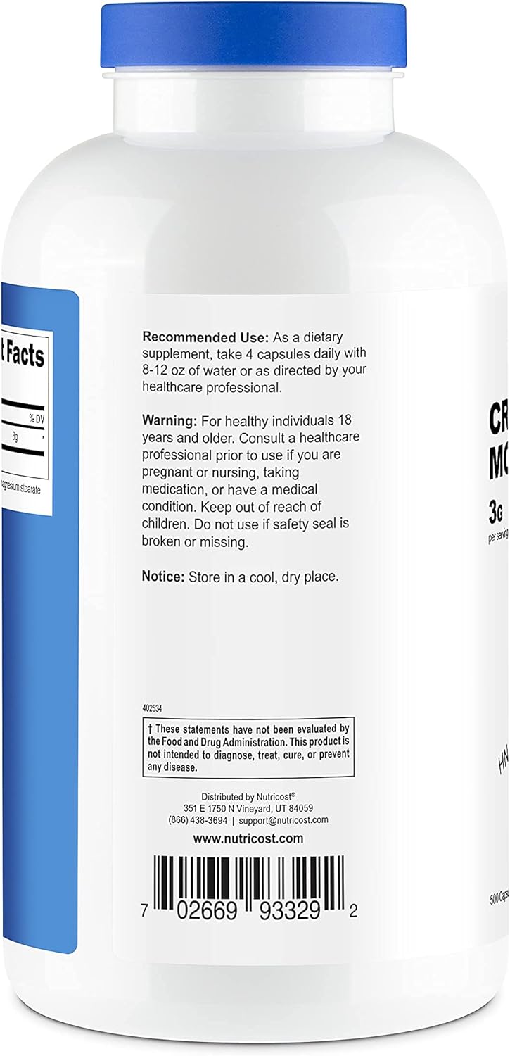 Nutricost Creatine Monohydrate 3,000mg (750mg Per Capsule) 500 Capsules, 125 Servings: Health & Personal Care