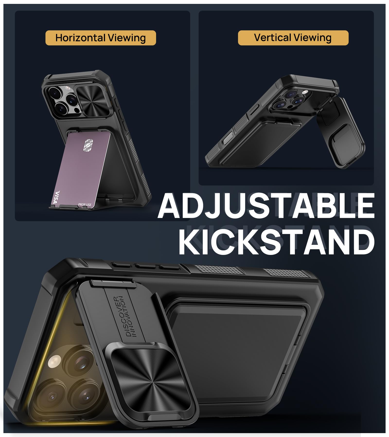 for iPhone 16 Pro Max Case with Card Holder & Kickstand & Slide Camera Lens Cover, Silicone Edge Protection Rugged Heavy Duty Phone Case Cover for iPhone 16 Pro Max 6.9'' 2024, Black