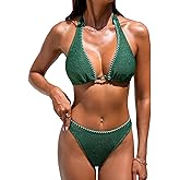 CUPSHE Women's Bikini Sets Two Piece Swimsuit Low Rise Cheeky Halter Straps Textured Fabric Plunging Neck