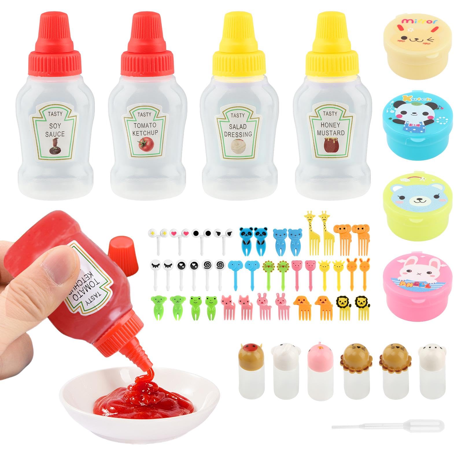 Photo 1 of NINEFOX 55 Pcs Lunch Bento Box Accessories, Including Mini Condiment Squeeze Bottle, Salad Dressing Condiment Box, Fruit Fork, Dropper, for Bento Camping Office Accessories