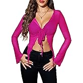 Avidlove Women Mesh Crop Top Y2K Tie Front Tops Rave Top Sheer Cardigan Sexy V Neck Outfits S-2XL