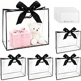 FHUIEWRY 15 Pack Clear Gift Bags with Die Cut Handles, 12"x5.1"x9.8" Plastic Transparent Party Favor Bags with Ribbon, Reusable Flower Gift Wrapping Bag for Christmas Wedding Baby Shower Birthday Party