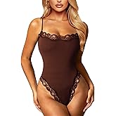 Navneet Women Sexy Lace Bodysuit Lace Trim High Cut Thong Spaghetti Strap Cami Bodysuit Going Out Tank Tops Body Suit