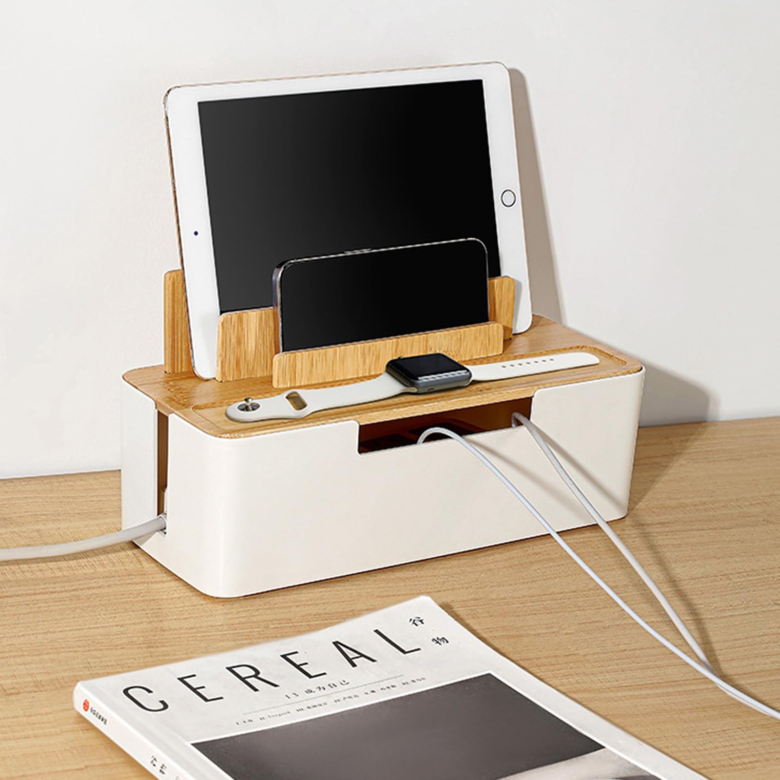 Photo 1 of Catekro Cable Management Box with Bamboo Lid Cell Phone Tablet Holder Plug Data Cable Storage Charging Organizer Charger Cord Box for Home and Office Electrical Plug Storage (White)
