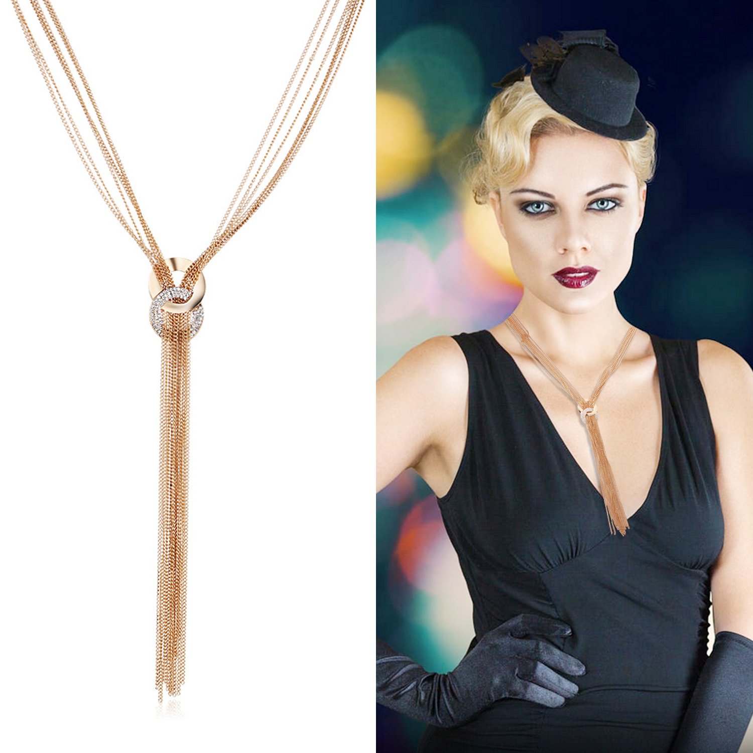 UHIBROS Ring And Chain Alloy Infinite Symbols Tassel Necklace Silver Gold Plated Pendant Long Chain Necklace For Women Gifts