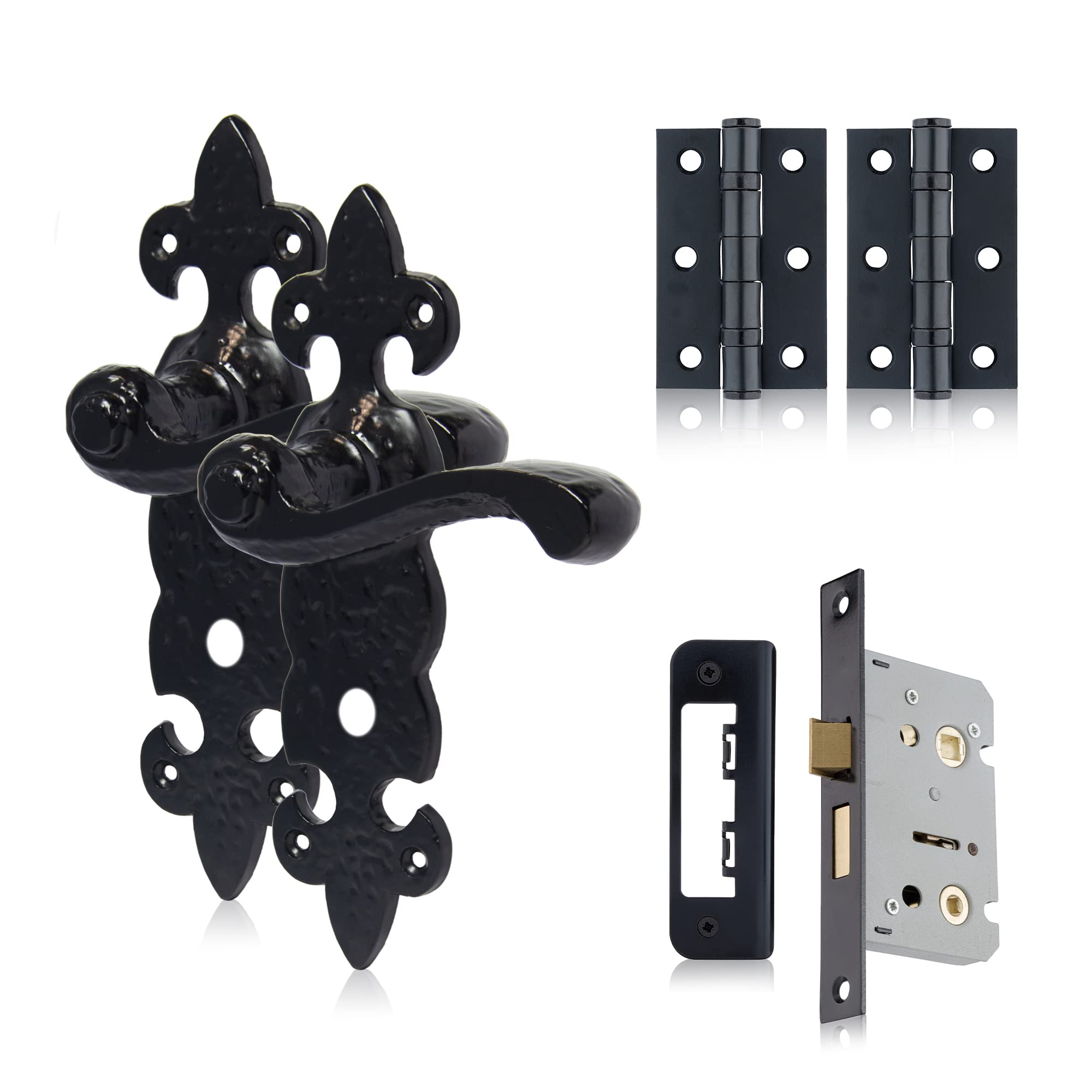 XFORT Smithy's Range Fleur De LYS Lever Bathroom Pack in Black Antique - Complete Set With Handles, 65mm Mortice Lock and 75mm Hinges for Internal Wooden Doors
