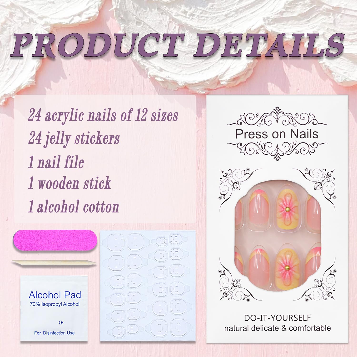 Press on Nails Short Almond SWEKKE French Tip Fake Nails False Nails with Designs 3D Flower Yellow & Pink Stick on Nails Glossy Glue on Nails Acrylic Nails for Women Girls 24 Pcs - Image 3