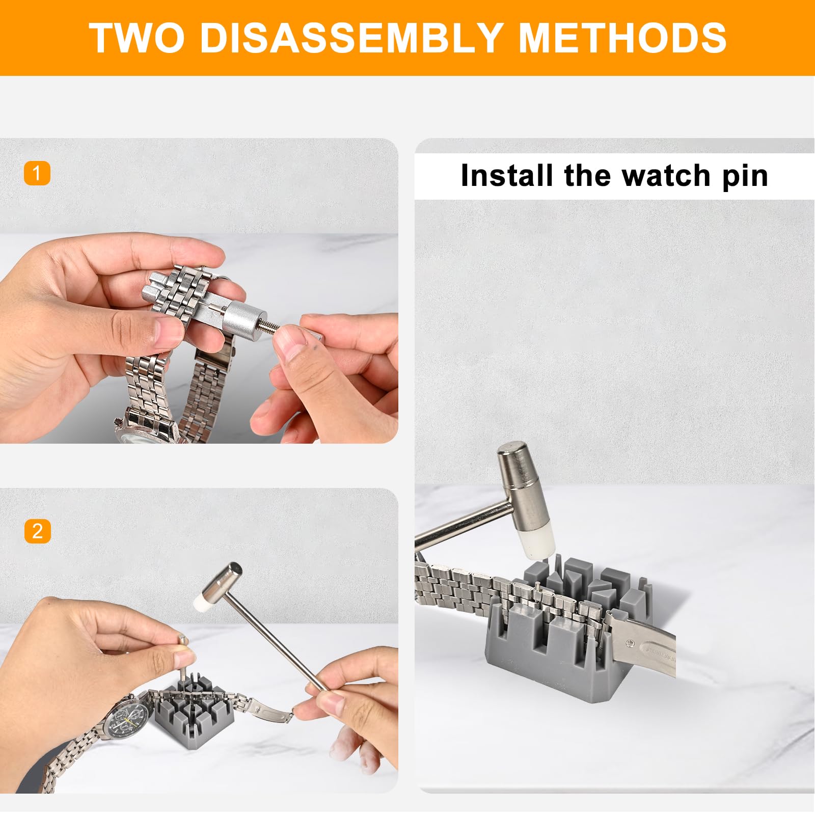 Watch Link Removal Kit, All Metal Watch Strap Link Removal, Sizing Kit with Pin Punches, Extra Pins, Hammer for Watch Band Strap Adjustment