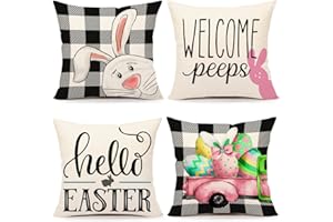 4TH Emotion Easter Pillow Covers 18x18 Set of 4 Easter Decorations for Spring Farmhouse Pillows Easter Decorative Throw Pillows Buffalo Plaid Bunny Eggs Throw Cushion Case for Home Decor TH086-18