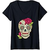 Womens Sugar Skull Day Of The Dead Dia de Los Muertos Flowers V-Neck T-Shirt