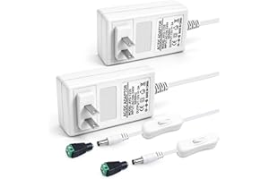 2 Pack 12V 2A Power Supply, 24W 12 Volt DC Power Adapter with On/Off Switch, 110V AC to 12V Wall Plug Transformer for LED Str