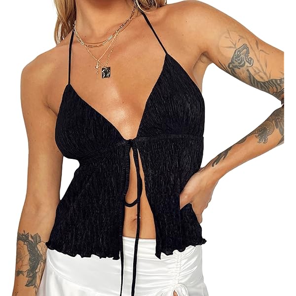 Women Y2K Backless Crop Top Deep V Neck Spaghetti Strap Tie Front