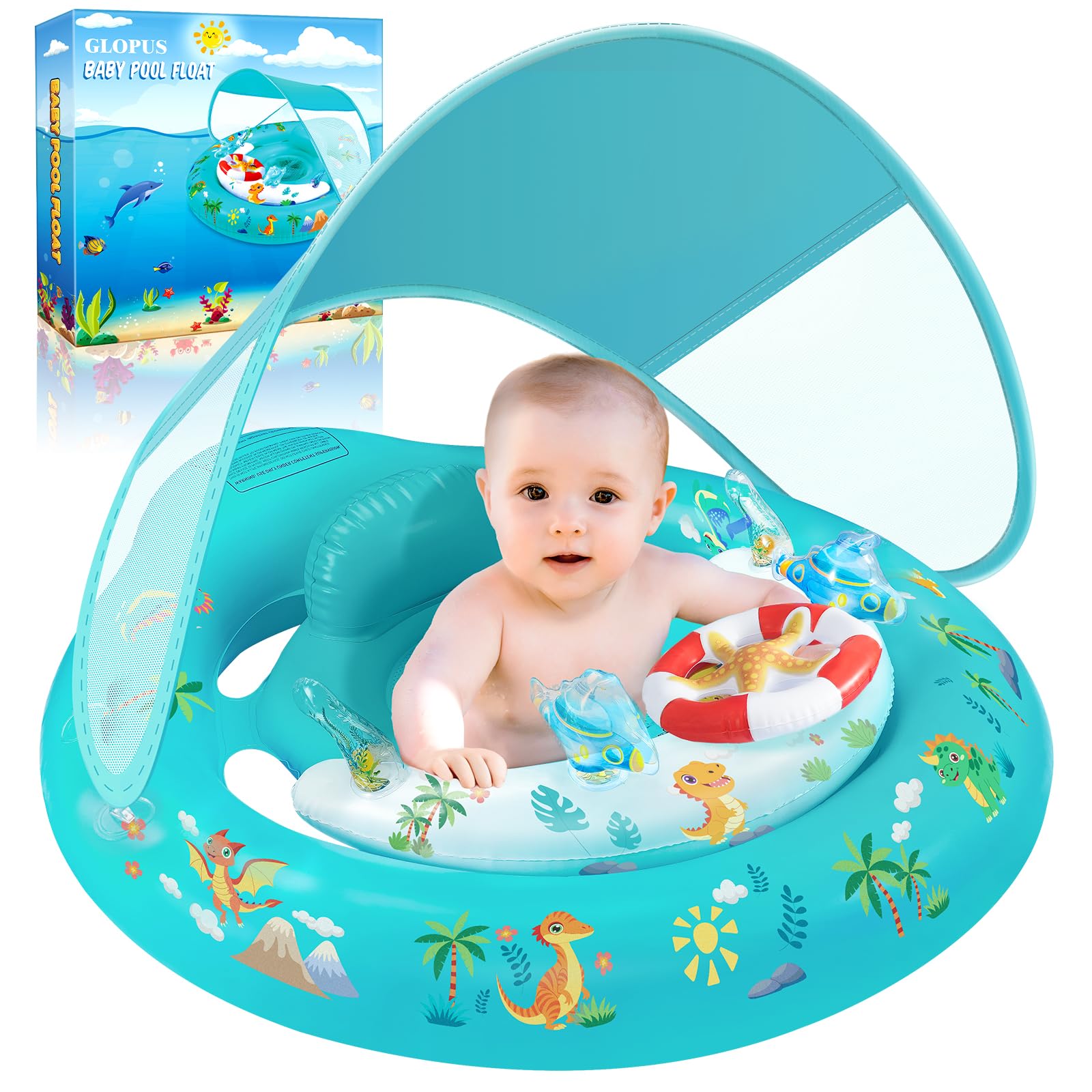 GLOPUS Baby Swimming Float, Baby Pool Float with Canopy, Inflatable Baby Swim Float, Toddler Pool Swimming Float for 6-36 Months, Adjustable Safety Seat, UPF 50+ Sun Protection Roof & Toy