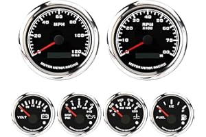 MOTOR METER RACING W PRO Series 6 Gauge Set - 85mm 3-3/8" GPS Speedometer & Tachometer 52mm 2-1/16" Volt, Fuel Level, Water Temperature & Oil Pressure Black Dial White LED - for Car, Boat & Truck
