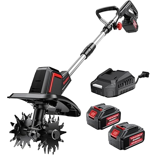 SOARFLY Cordless Electric Tiller for Gardening, Total 8.0Ah Battery Powered Mini Cultivator with 2×4.0AH Batteries & Charger, 9" Width, 6.6" Depth, 48 Steel Tines Rototiller for Soil Cultivation