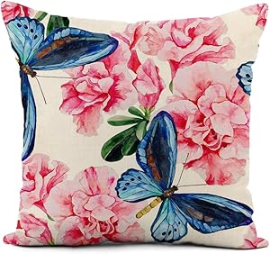 rouihot Linen Throw Pillow Cover Colorful Butterfly Pink Azalea and Blue Butterflies Watercolor Pattern Home Decor Pillowcase 18x18 Inch Cushion Cover for Sofa Couch Bed and Car