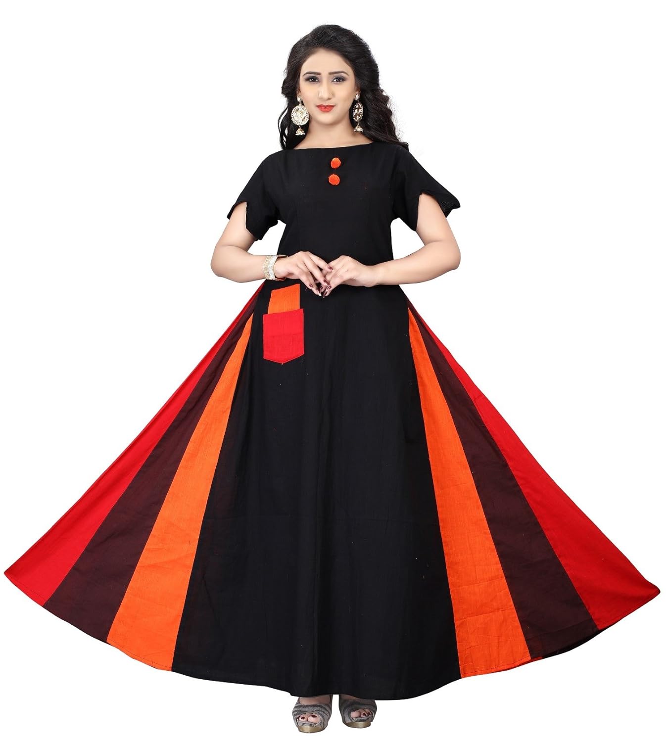 borsa women's slub cotton a-line black color slub cotton full length kurti with coffee, red and orange color