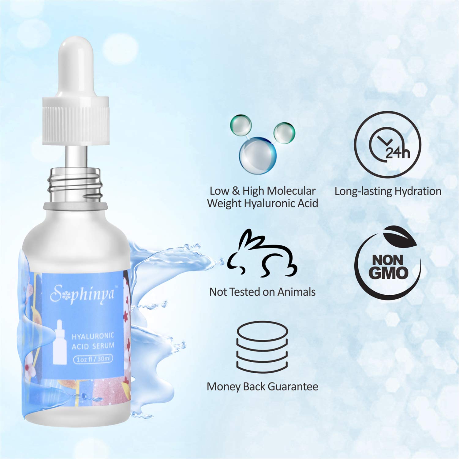 Siero dell\'acido ialuronico di Sophinya - Siero All\'acido Ialuronico puro 2% - Siero per il viso di lunga durata, illuminante, antirughe e antietà, riduce l\'aspetto di secchezza, linee sottili(30ml)