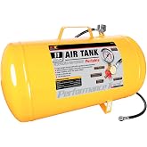 Performance Tool W10011 11-Gallon Portable Horizontal Air Tank | High-visibility yellow. 125 PSI max. Safety bypass valve. Industrial air compressor tank with standard tire chuck