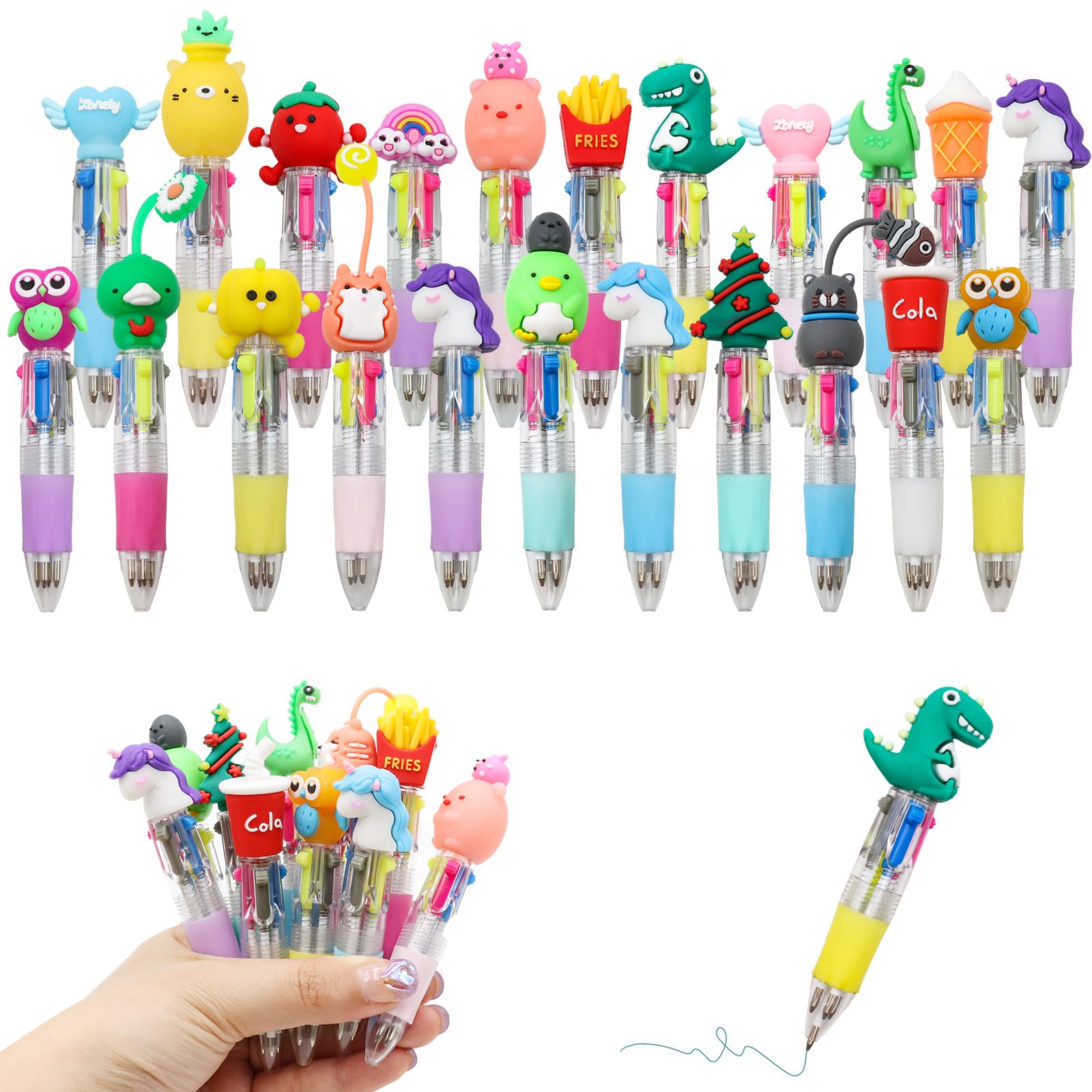 ZOCONE 22 Pcs Multicoloured Pen 4 in 1 Retractable Ballpoint Pens Multi Coloured Pens All in One, 4 Color Cartoon Animal Multi Colour Pen for Party Bags 0.5MM Fun Pens for Kids Gift School Supplies