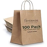 EKOBAGS Granvia 100 | 10x7x12 inches | 100-Pack Kraft Paper Gift Bags with Handles | 115 GSM Brown Paper Bags for Small Business, Shopping & Party Favors | Recyclable | Holds up to 13.8L/8 lbs