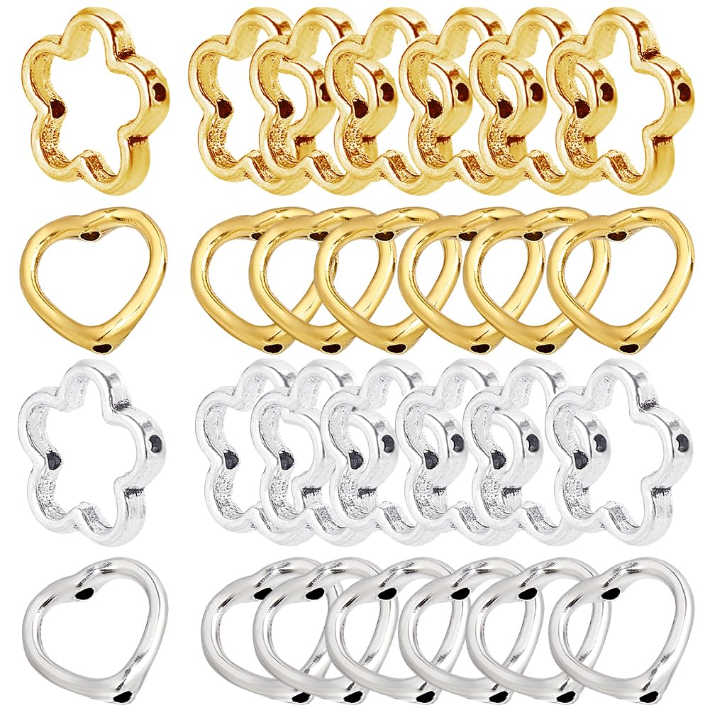 SOFPLATE 1 Box 120Pcs 4 Styles Flower Bead Frames Metal Bead Frame Silver with Double Holes Tibetan Style Alloy Gold Heart Blossom Link Connector for Jewelry Making Beading Earring DIY Craft Accessory