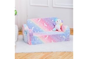 SUFUS Baby Toddler Sofa Couch for Kids Extra Wide 2-in-1 Toddler Kids Fold Out Couch Bed for Playroom, Pull Out Children Convertible Sofa to Lounger for Boys & Girls with Double Pockets, Pink Horse