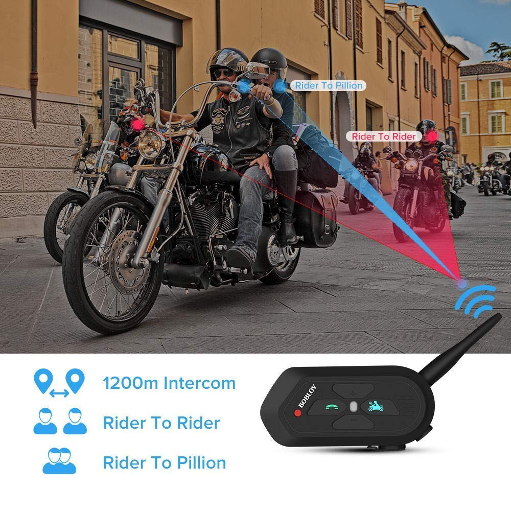 Boblov 2X V6 PRO Interfono Casco Moto 1200M Wireless Blue-Tooth Cuffie Auricolari Passeggero Impermeabile