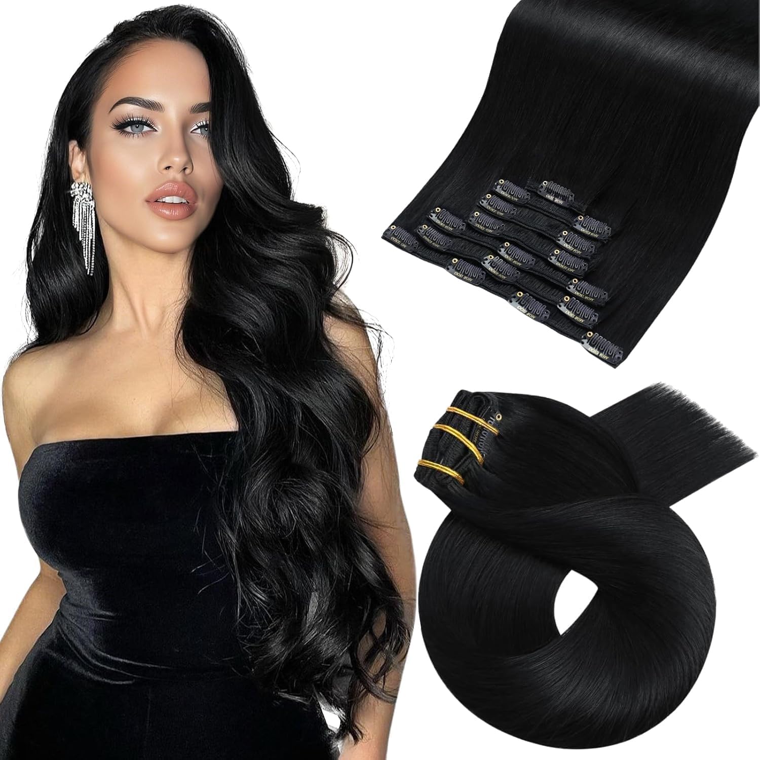 Moresoo Clip in Hair Extensions Real Human Hair Deep Black 18 Inch Invisible Double Wefted Clip in Hair Extensions Real Remy Black Hair Straight 7 Pieces/120g #1 — image 1