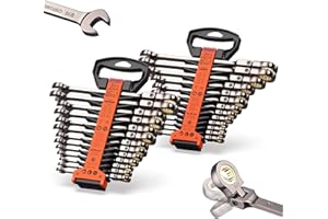 KARRYTON 26-Piece Flex head Ratcheting Wrench Set (Metric & SAE), 72 Teeth Combination Wrench Set w/Organizer Rack,Cr-V Steel,6-19mm(13PCS)&1/4-7/8"(13PCS),Black Nickel Handle with Golden Ratchet