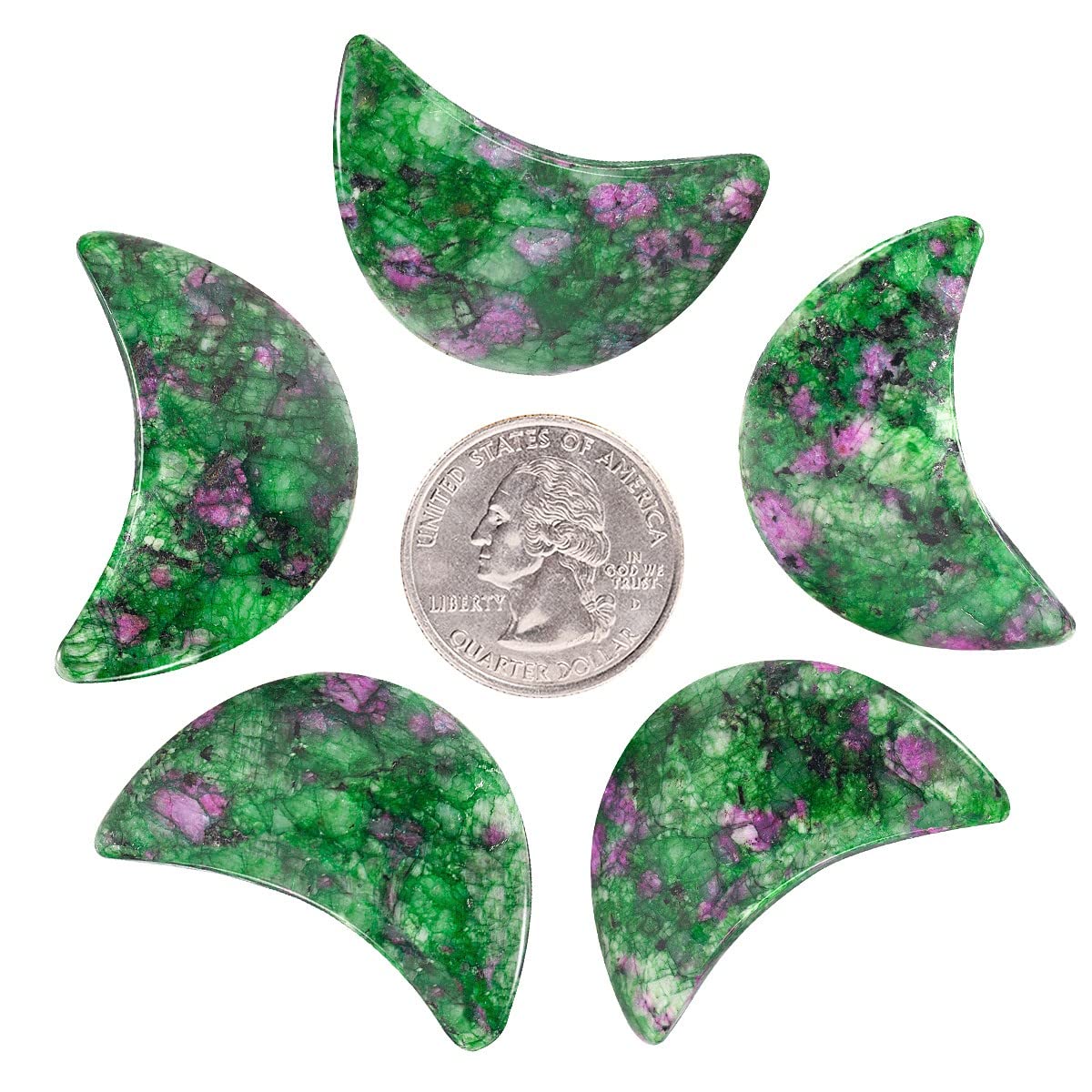 KYEYGWO 5pcs Hand Carved Half-Moon Palm Pocket Stones, Polished Crystal Stone Set for Home Office Decoration DIY or Jewelry Making, Ruby in Fuchsite