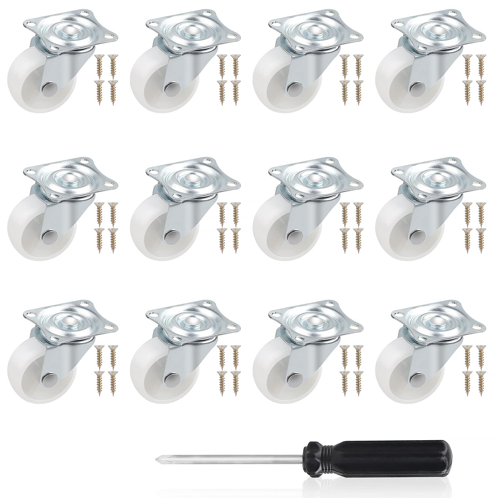 DBREAKS Swivel Castors Set Diameter 38 mm, 12 Pieces Castors for Furniture, Furniture Castors without Brakes, 360° Rotating Castors, White, with 1 Screwdriver and 48 Screws, Height 50 mm, 240 kg