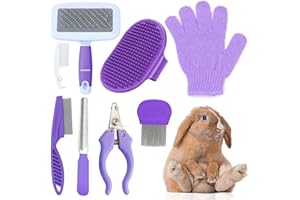 VCZONE 8 Pcs Small Animal Pink Grooming Kit, Rabbit Grooming Kit with Pet Nail Clipper and File, Flea Comb, Pet Shampoo Bath Brush , Pet Shedding Slicker Brush, Bath Massage Glove, Cleaning Comb
