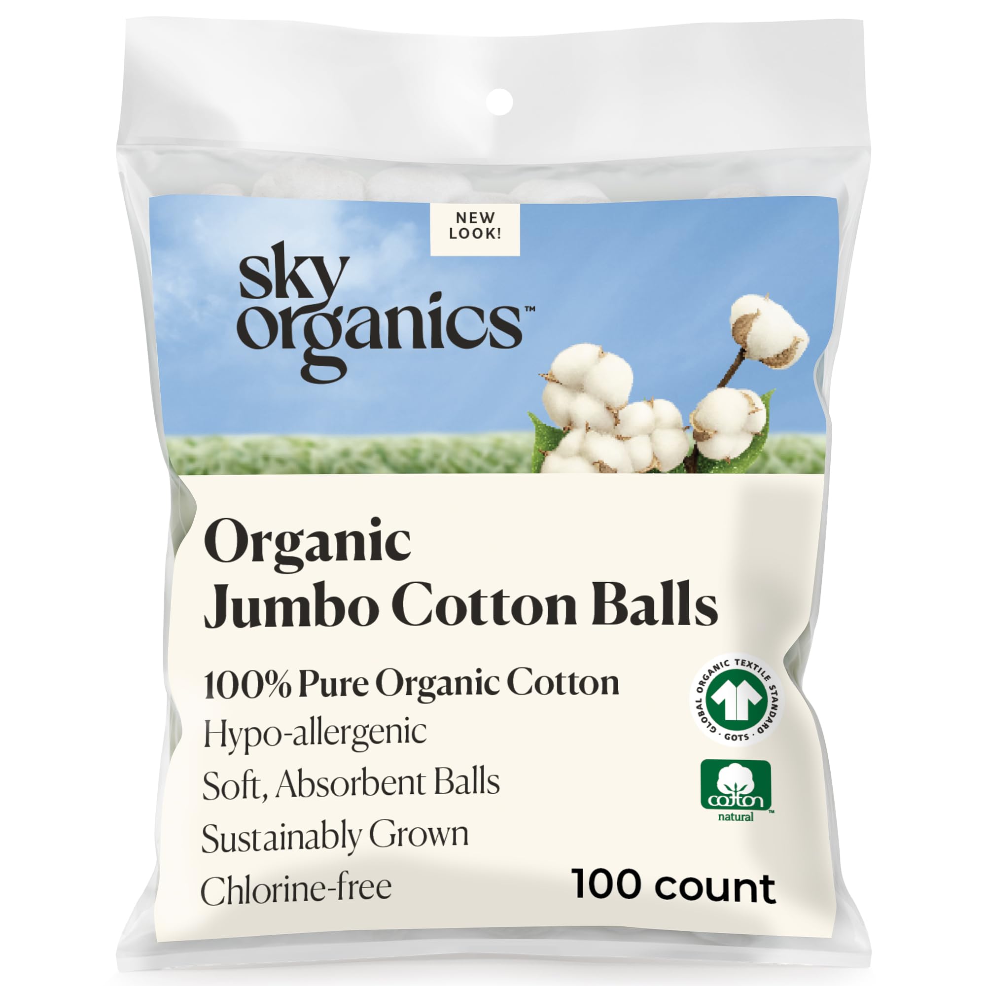 Sky Organics Organic Jumbo Cotton Balls for Sensitive Skin, 100% Pure GOTS Certified Organic for Beauty & Personal Care, 100 ct.