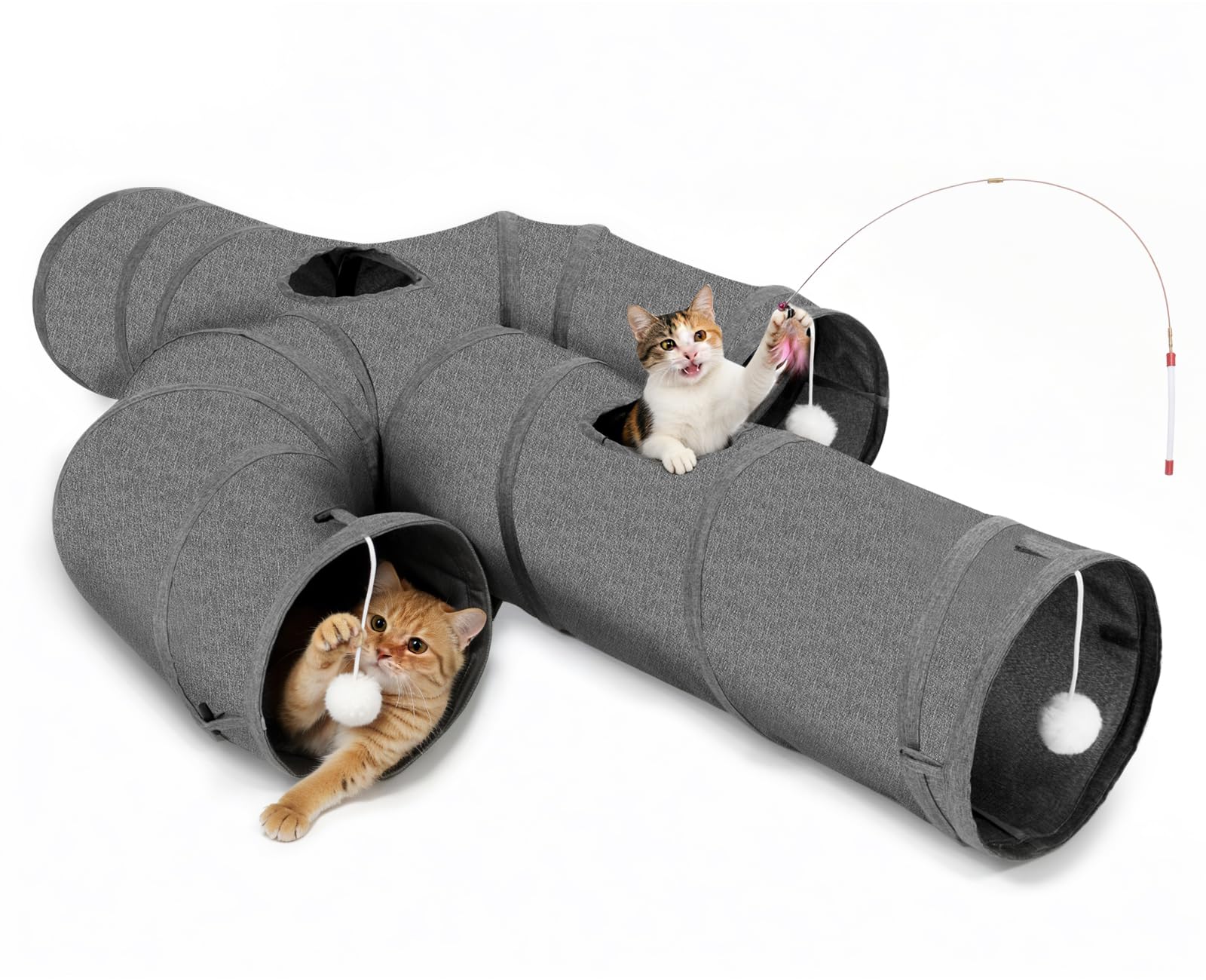 Ownpets Cat Tunnel, Cactus Shape Pet Tunnel with Sturdy Oxford Fabric, Foldable and Resistant to Tearing, Featuring Multiple Exits, Hanging Ball and Teaser Wand,25CM Diameter