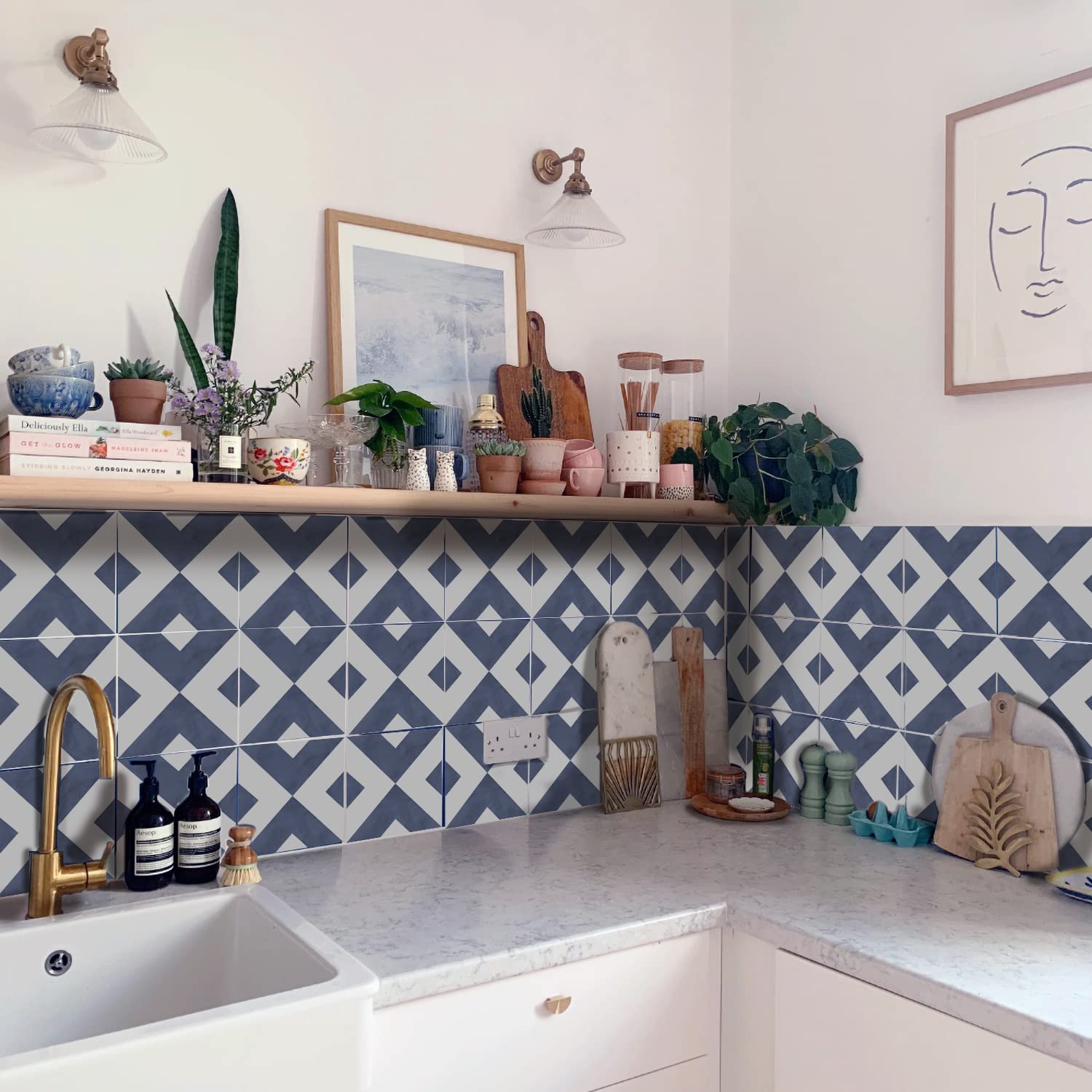Neukids 50PCS Dark Blue Tile Stickers Textured Kitchen Peel and Stick, Navy Blue Geometric Pattern Kitchen Bathroom Tile Stickers, Wall Bathroom Toilet Laundry, RV, Fireplace Backsplash