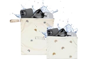 Whole Works 2-Pack Waterproof Wet Dry Bags for Baby Clothes, Sweaty Clothes, Swimsuits, and Travel - Reusable, Machine Washable, with Modern Minimalist Boho Rainbow Design (Beige Boho Rainbow)