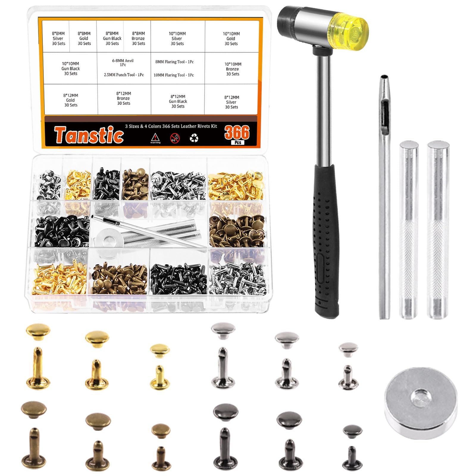 Tanstic 365Pcs Leather Rivets Kit, 3 Sizes 4 Colors Double Cap Rivets Flat Tubular Metal Studs with Rubber Hammer and Setting Tool Kit for Leather Craft Repair Decoration(Silver/Gun Black/Bronze/Gold)