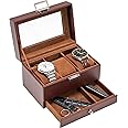 ProCase Men's Watch Box - 3 Slot Display Case with Drawer, Glass Lid, 2-Layer Jewelry & Watch Storage - Espresso
