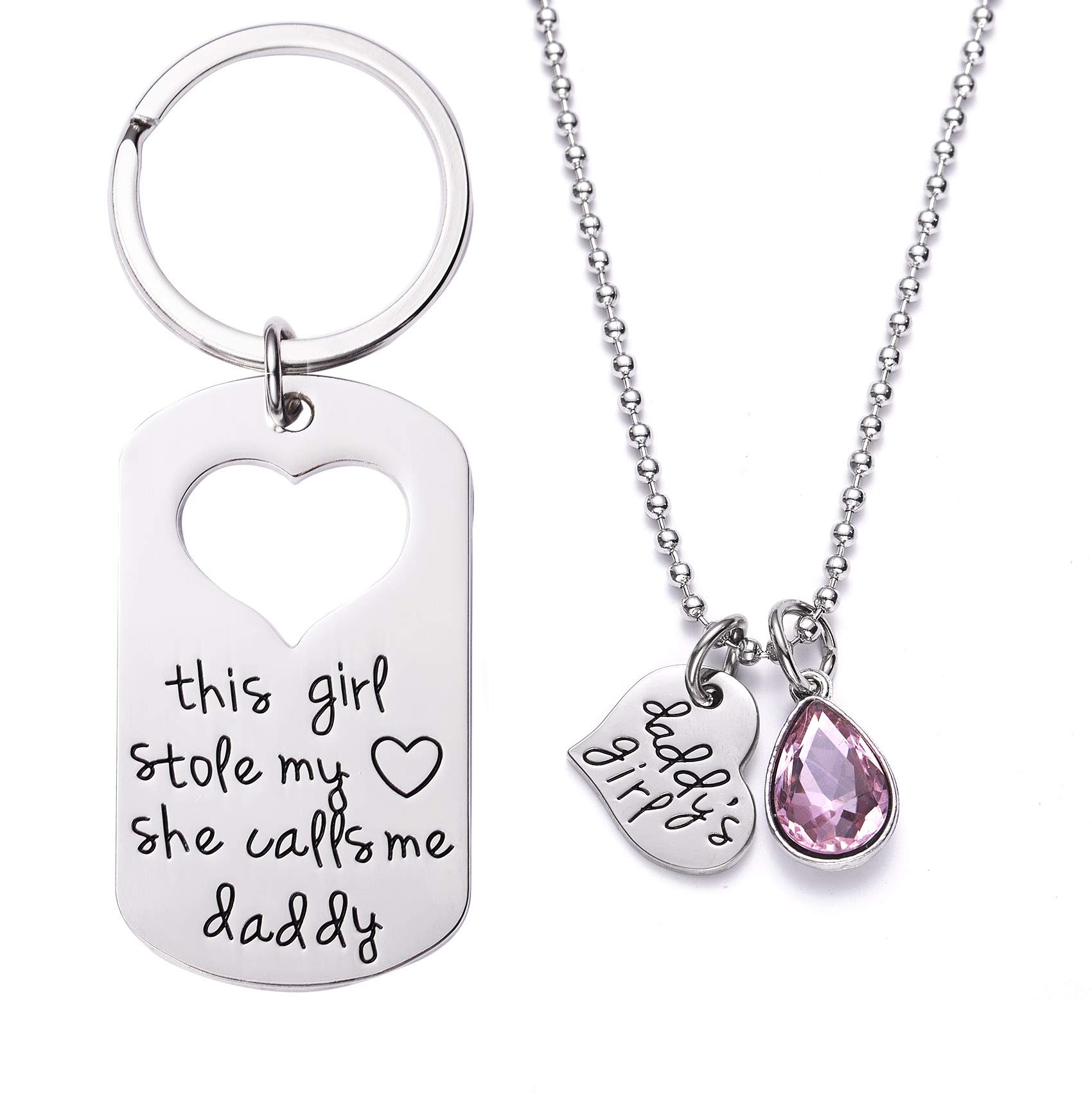 LParkin Gifts For Dad From Daughter Keychains This Girl Stole My Heart She Calls Me Daddy Keychain Matching Necklace Set Keyrings Unique Father Gift Girls Birthday Necklaces Jewelry