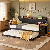 LIKIMIO Twin Daybed with Trundle, Day Bed with Charging Station | Twin-to-king daybed, padded backrest with shelves, 800lb steel frame, storage/charging, easy assembly