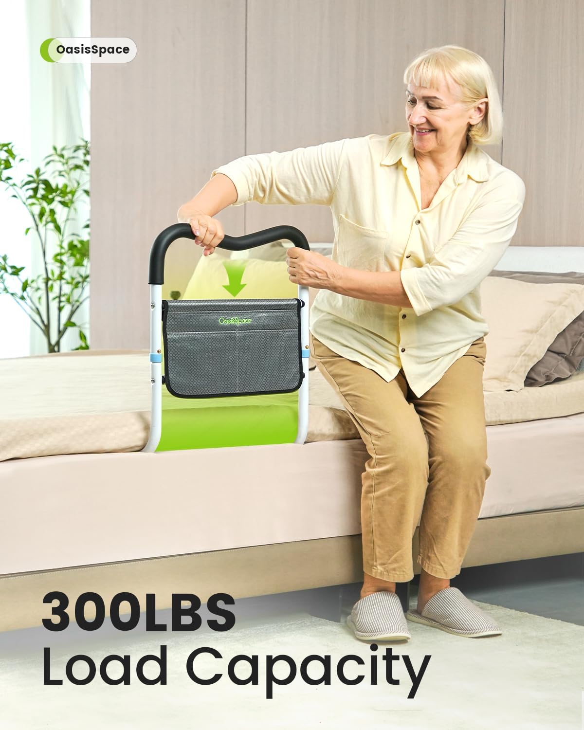 OasisSpace Bed Rail for Seniors, Medical Bed Assist Bar with Storage Pocket and Fall Prevention Safety Hand Guard Grab Bar for Elderly, Handicap- Fit King, Queen, Full, Twin
