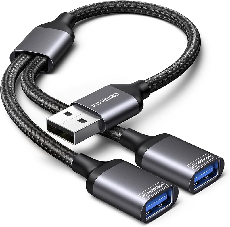 KiwiBird USB Splitter 2 Port Male to Dual Female USB 2.0 Extension Data Charging