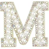 Iron On Patches for Clothing, Sparkly Rhinestones and Elegant Pearls A-Z Sew Decorative Letter Patch Glitter Alphabet Applique Rhinestone Pearl English DIY Craft Supplies-M