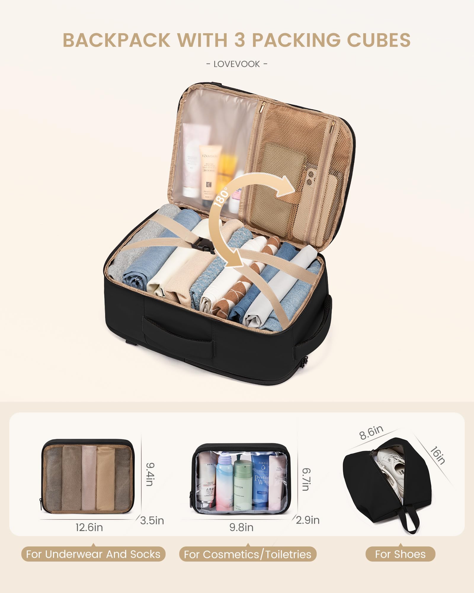 LOVEVOOK Travel Backpack for Women & Men, 40L Large Carry On Backpack Airline Approved, TSA Personal Item Weekender Bag, Water Resistant Laptop Backpack with 3 Packing Cubes for Travel Essentials