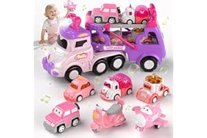 Newcrave Cars Toys for 1 2 3 Year Old Girl, 7-in-1 Carrier Truck Toy for Toddler Girls, Friction Power Cars with Light & Soun