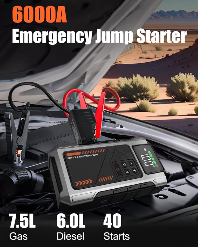 Booster Batterie Voiture avec Gonfleur Puissant 6000A Fonction de Gonflage des Pneus 150PSI Essence 10L Diesel 8.5L Température de décharge -20 ℃ à 70 ℃ (PD-JA2)