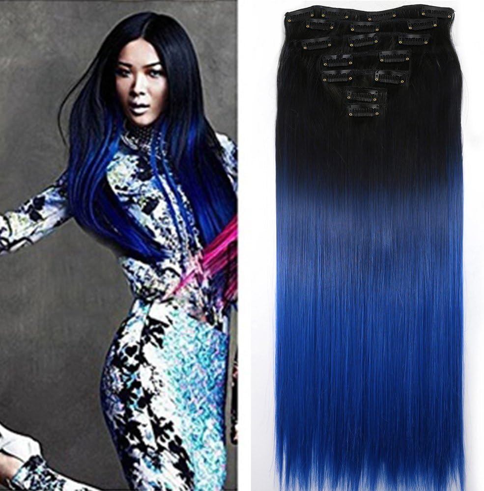Neverland Beauty 24 Inches (60cm) Full Head 7 Pieces 16 clips Clip in Hair Extensions Long Straight Hairpiece (Natural Black to Blue)