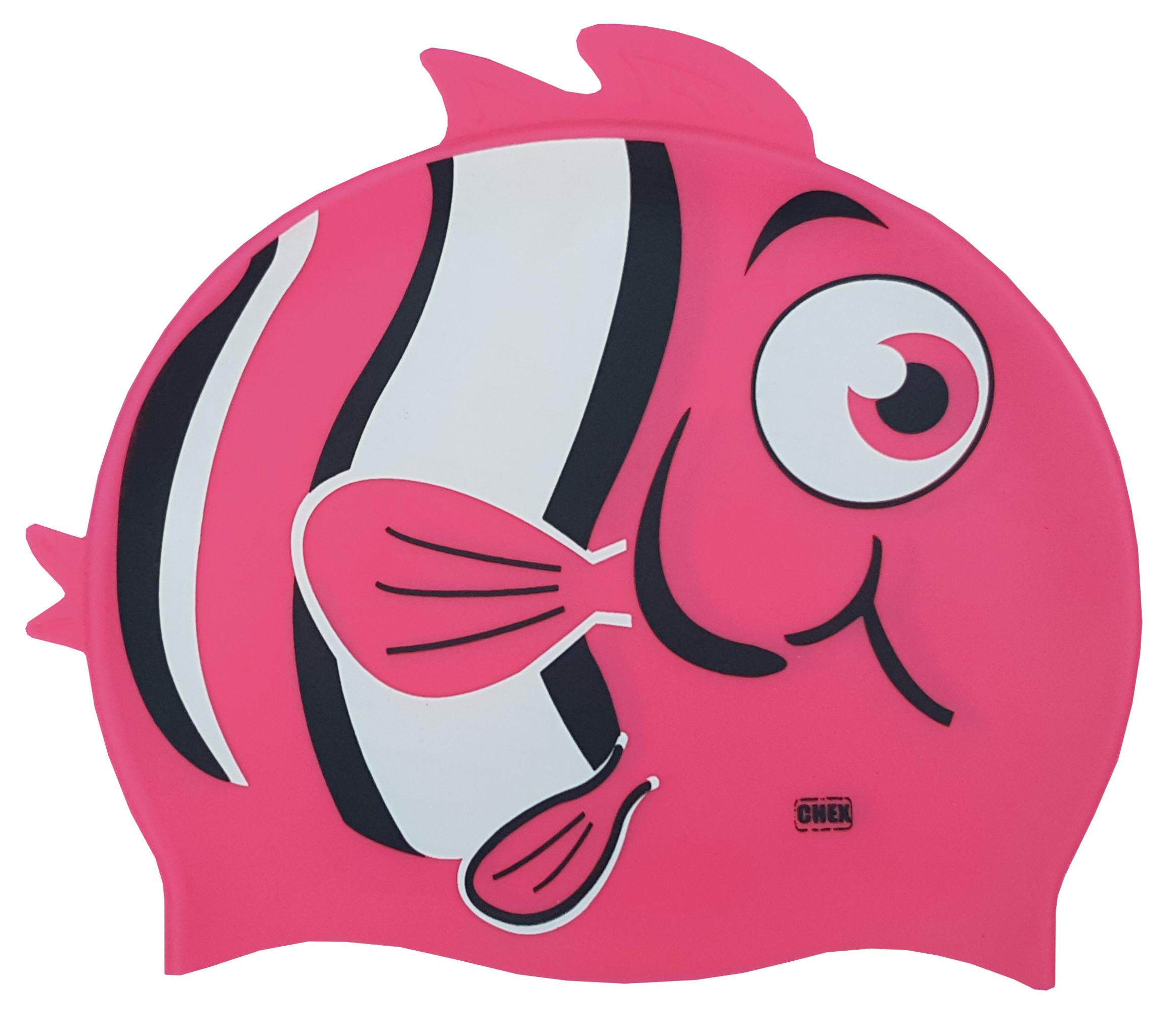 CHEX Stretchy Silicone Unisex Girls Boys 3-7 Years One Piece Swimming Hat Swim Cap Stripey Fish Double Fin Print Design One Size Pull On Swim Hat (Pink)