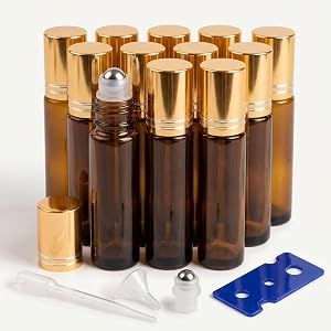 12 Pack 10ml Amber Glass Roller Bottles with Stainless Steel Rollers | 10ml amber glass roller bottles with stainless steel r